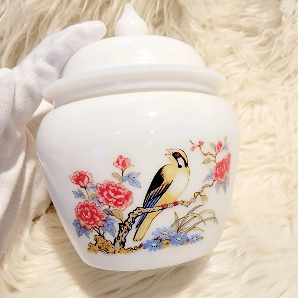 Vintage Avon Milk Glass with Lid Yellow Bird and Floral Design